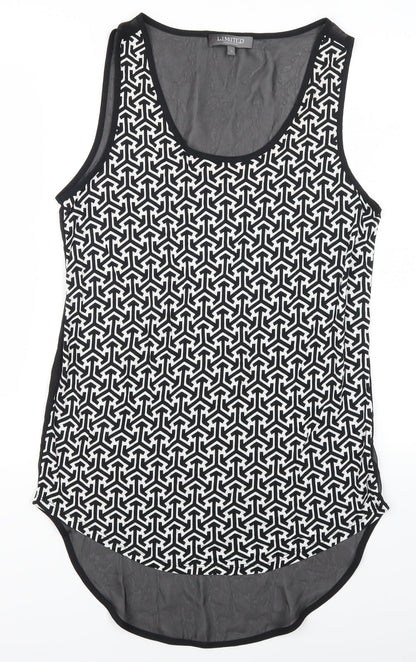 Front view of Marks & Spencer women’s black geometric basic tank, size UK 12, - black and white