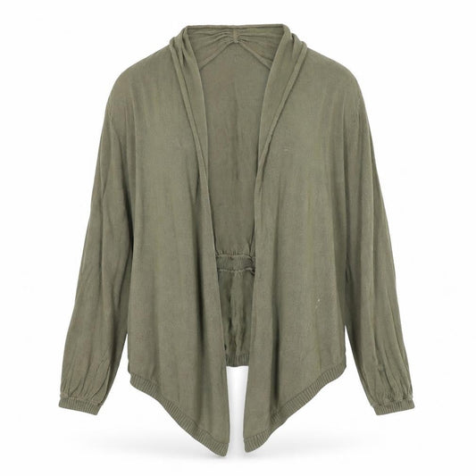 Front view of Oasis women’s green cardigan jumper, size UK 12
