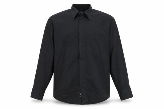 Front view of River Island men’s black button-up, size 15.5