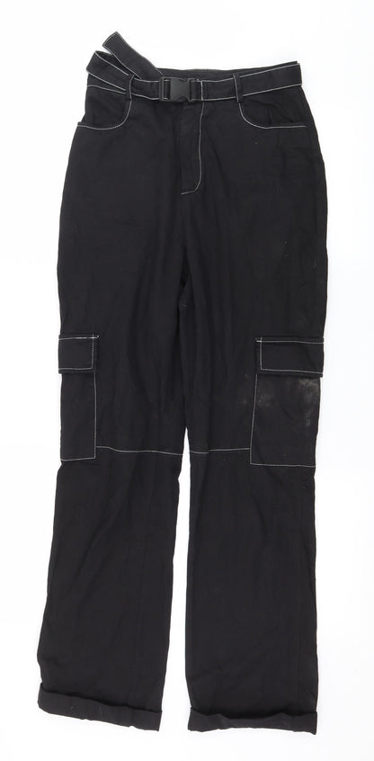 Additional front view of PRETTYLITTLETHING women’s black trousers, size UK 6, 28-inch leg