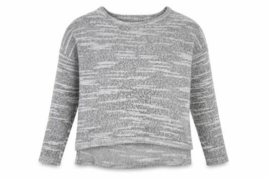 Front view of New Look women’s grey striped knit jumper, size UK 10