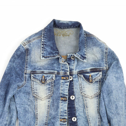 Close-up detail of fls girl women’s blue jacket coat, size UK 36