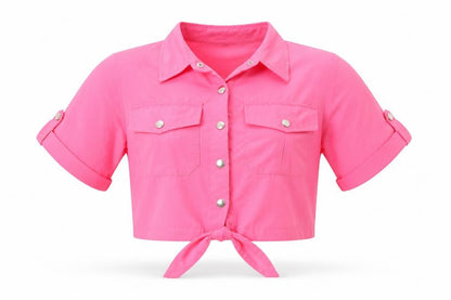 Front view of Rising international women’s pink basic button-up, size S
