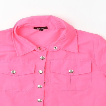 Close-up detail of Rising international women’s pink basic button-up, size S