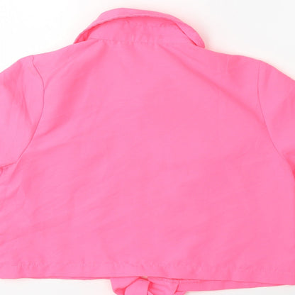 Brand and care label for Rising international women’s pink basic button-up, size S