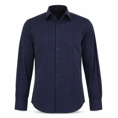Front view of Debenhams men’s blue striped button-up, size 16
