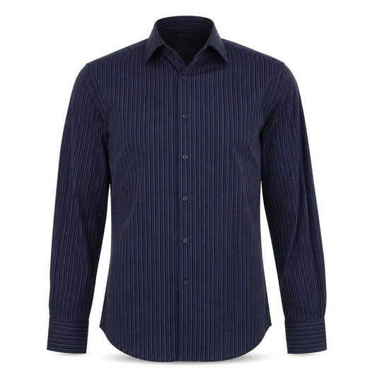 Front view of Debenhams men’s blue striped button-up, size 16