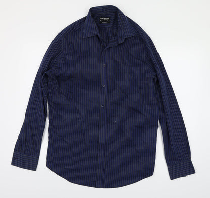 Back view of Debenhams men’s blue striped button-up, size 16