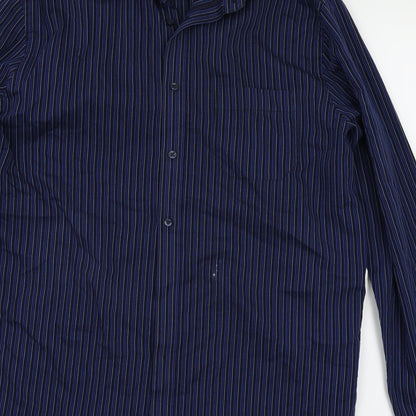 Brand and care label for Debenhams men’s blue striped button-up, size 16