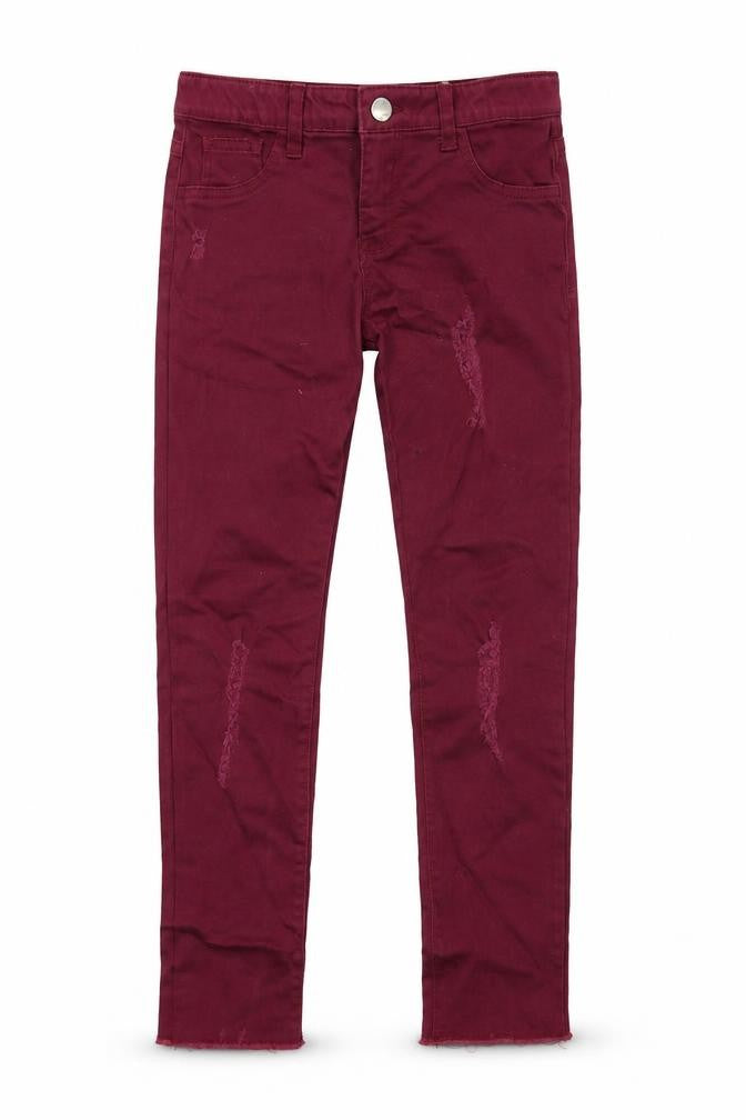 Front view of Denim & Co. girls’ purple denim skinny jeans, size 11-12, years - distressed