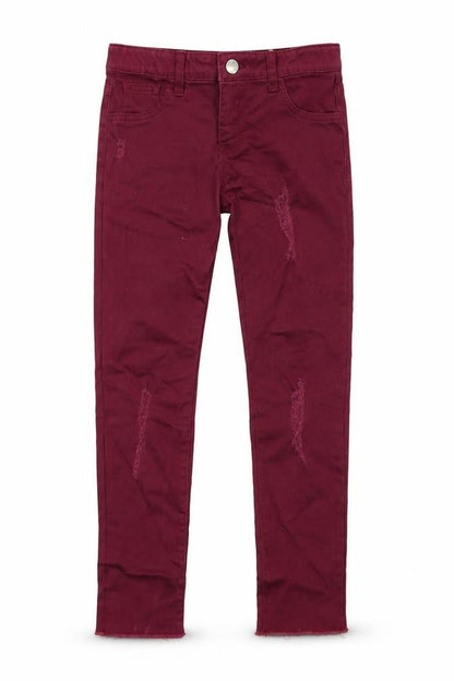 Front view of Denim & Co. girls’ purple denim skinny jeans, size 11-12, years - distressed