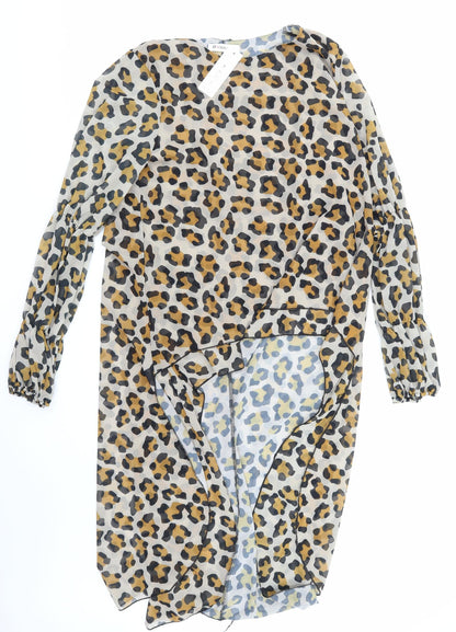 Front view of orderplus women’s brown animal print basic blouse, size XL