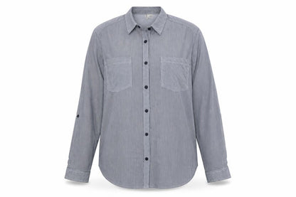 Front view of Passport women’s blue striped basic button-up, size XL
