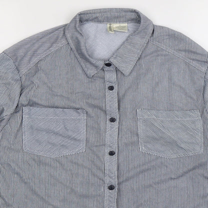 Close-up detail of Passport women’s blue striped basic button-up, size XL