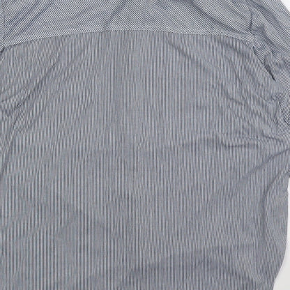 Brand and care label for Passport women’s blue striped basic button-up, size XL
