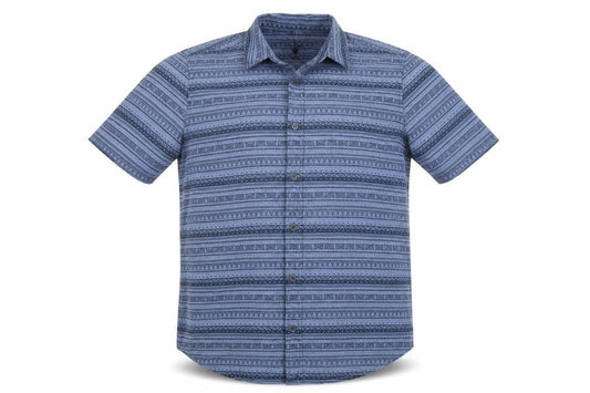 Front view of New Look men’s blue geometric button-up, size L