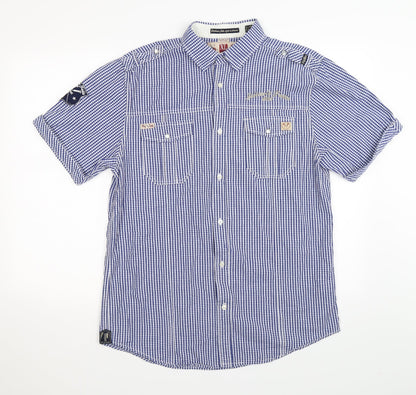 Additional front view of Fly Guy men’s blue check button-up, size XL