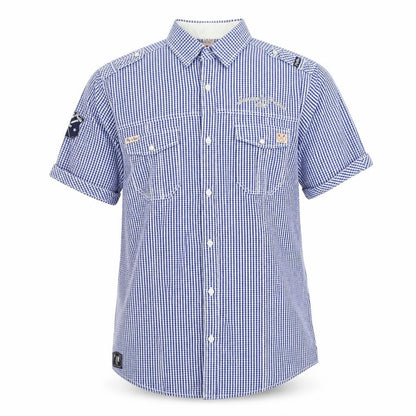 Front view of Fly Guy men’s blue check button-up, size XL