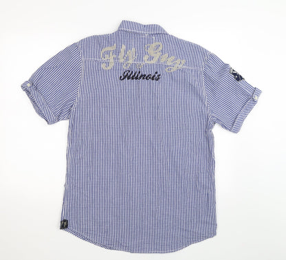 Back view of Fly Guy men’s blue check button-up, size XL