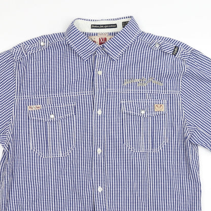 Close-up detail of Fly Guy men’s blue check button-up, size XL