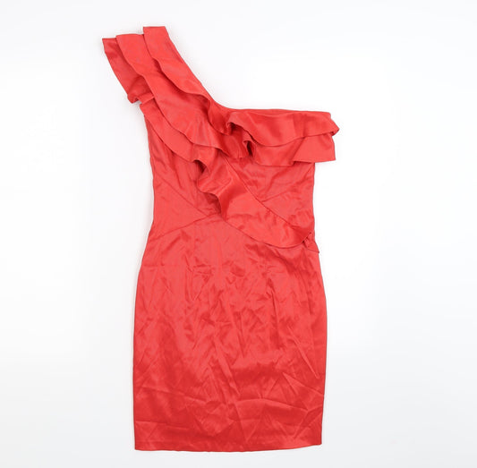 River Island Womens Red Striped Satin Bodycon  Size 8  - RUFFLE, ONE SLEEVE
