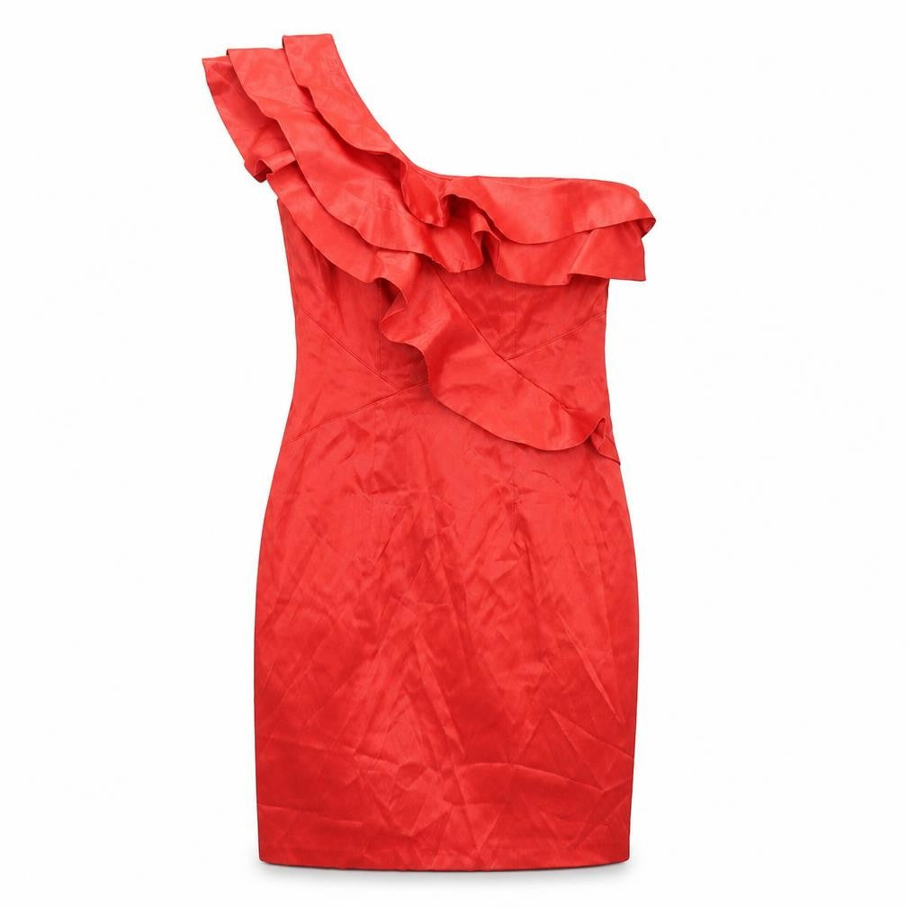 River Island Womens Red Striped Satin Bodycon  Size 8  - RUFFLE, ONE SLEEVE