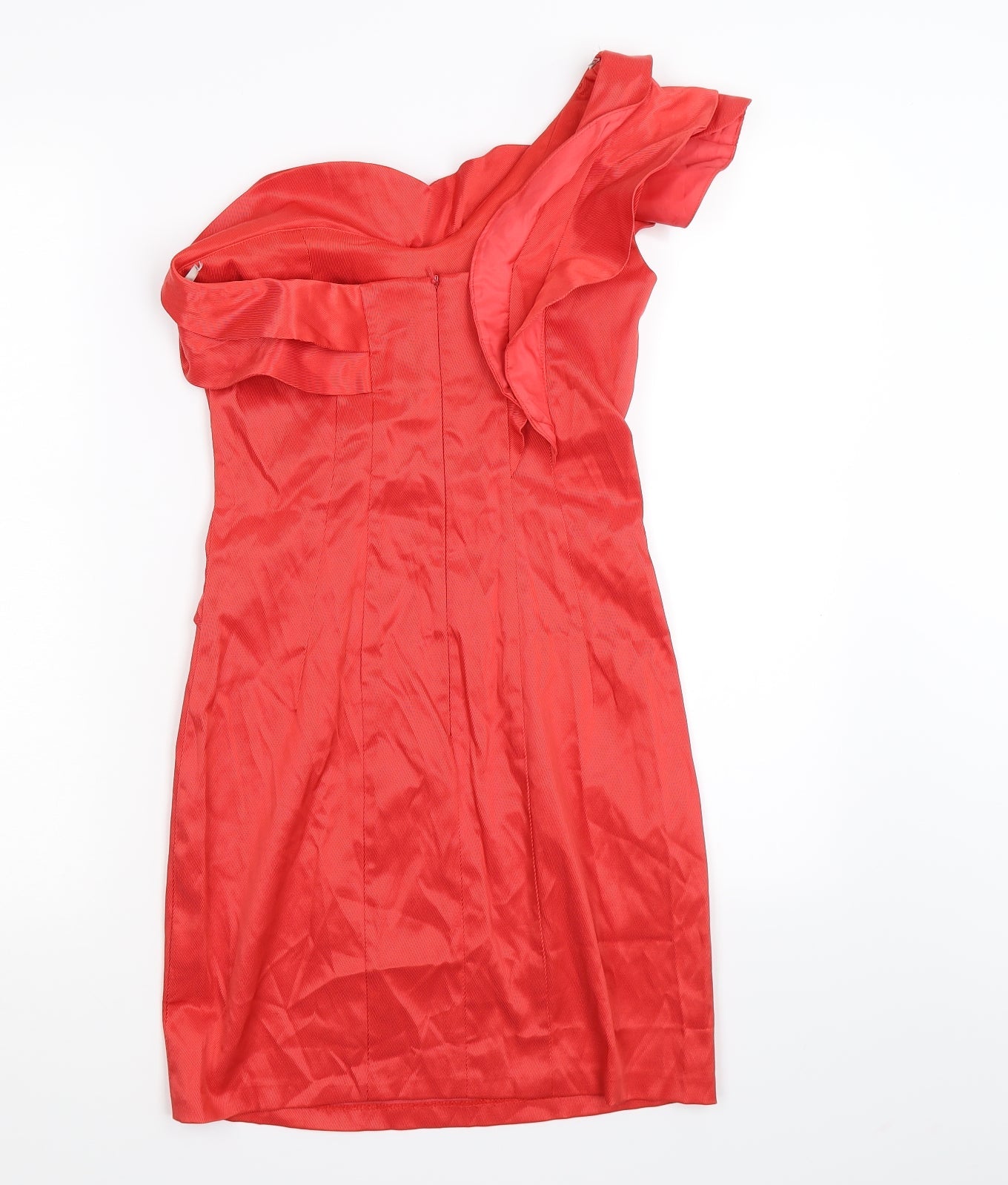 River Island Womens Red Striped Satin Bodycon  Size 8  - RUFFLE, ONE SLEEVE