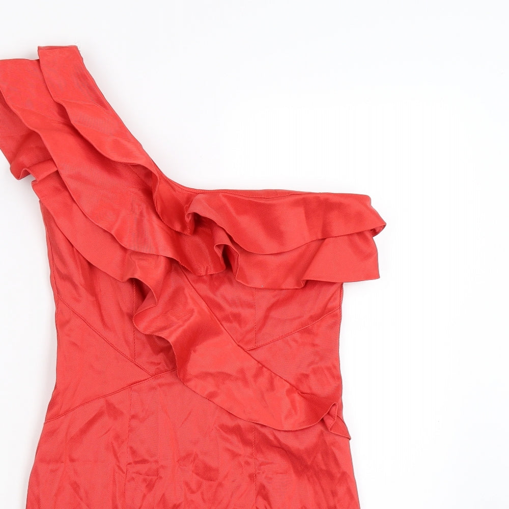 River Island Womens Red Striped Satin Bodycon  Size 8  - RUFFLE, ONE SLEEVE