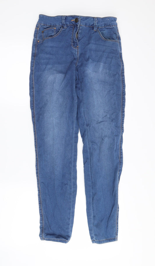 Front view of Premium Denim Company women’s blue denim skinny jeans, size UK 8