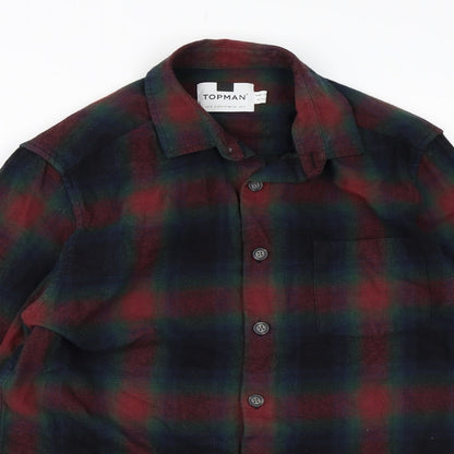 Close-up detail of Topman men’s red check button-up, size S