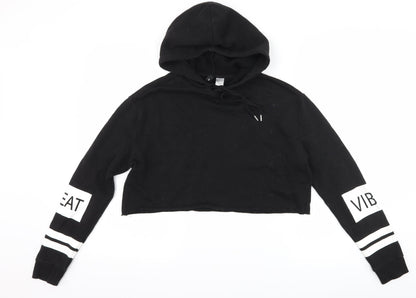 Additional front view of H&M women’s black pullover hoodie, size S, - slogan