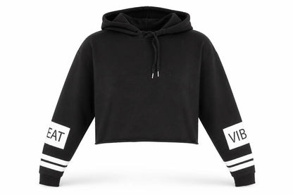 Front view of H&M women’s black pullover hoodie, size S, - slogan