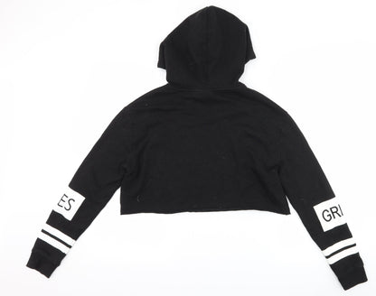 Back view of H&M women’s black pullover hoodie, size S, - slogan