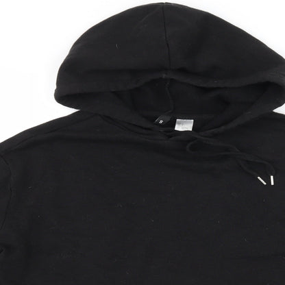 Close-up detail of H&M women’s black pullover hoodie, size S, - slogan