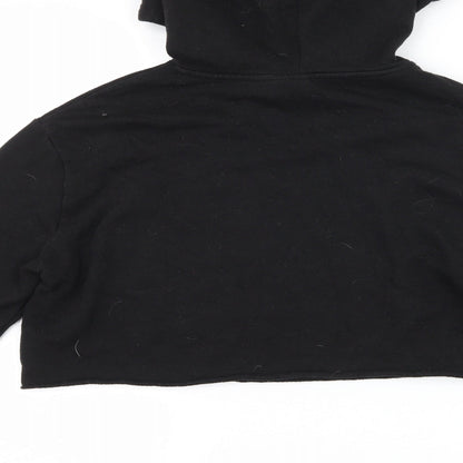 Brand and care label for H&M women’s black pullover hoodie, size S, - slogan
