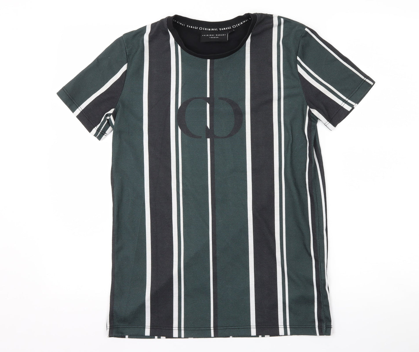 Criminal Damage Mens Green Striped   T-Shirt Size XS