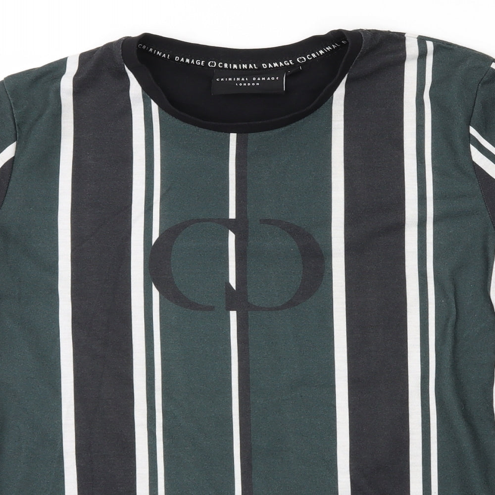 Criminal Damage Mens Green Striped   T-Shirt Size XS