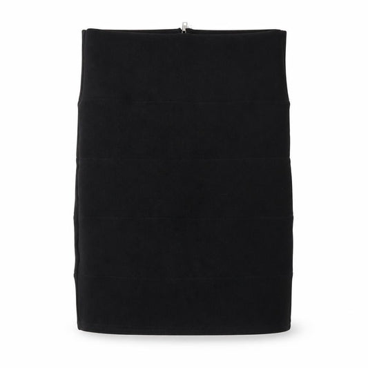 Front view of Preworn women’s black mini skirt, size UK 8