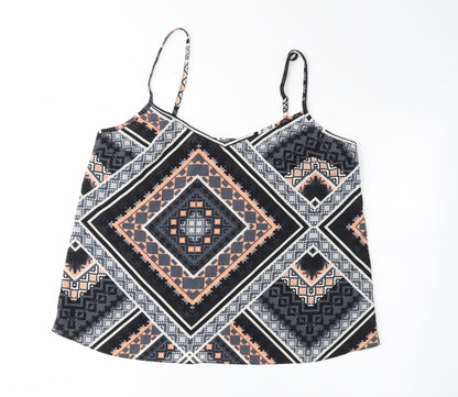 Front view of Miss Selfridge women’s black geometric camisole blouse, size UK 14