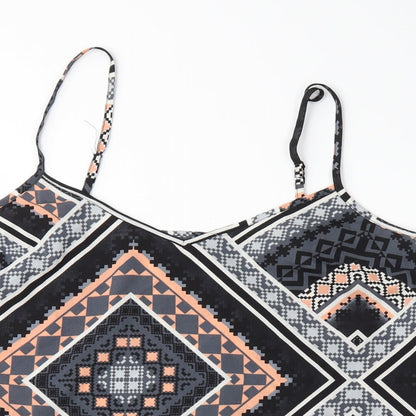 Close-up detail of Miss Selfridge women’s black geometric camisole blouse, size UK 14