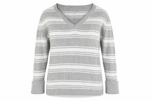 Front view of Papaya women’s grey striped jumper, size UK 14