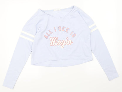 Front view of H&M girls’ blue pullover sweatshirt, size 12-13, years