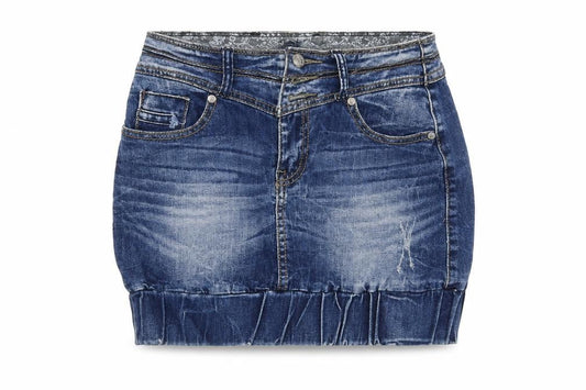 Front view of KangaROOS women’s blue flare skirt, size UK 27, in