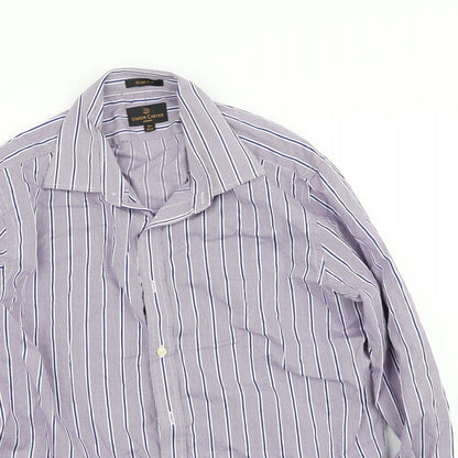 Close-up detail of pre worn men’s purple button-up, size 16