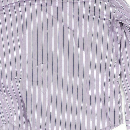 Brand and care label for pre worn men’s purple button-up, size 16