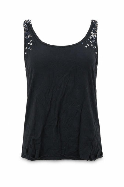 Front view of Miss Selfridge women’s blue basic tank, size UK 10