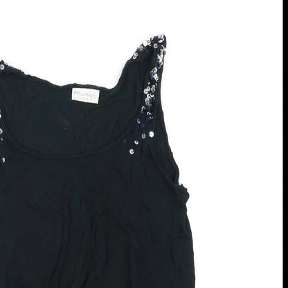 Close-up detail of Miss Selfridge women’s blue basic tank, size UK 10