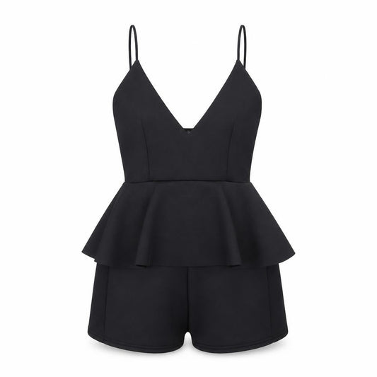 Front view of women’s black ikat bodysuit one-piece, size UK 8, 10-inch leg