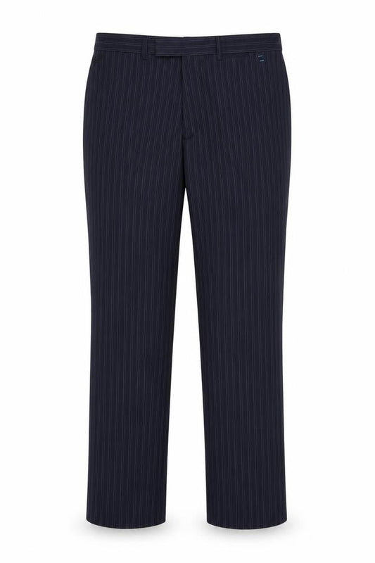 Front view of pre worn men’s blue trousers, size M, 31-inch leg