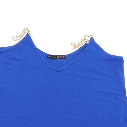 Close-up detail of Atmosphere women’s blue basic t-shirt, size UK 10